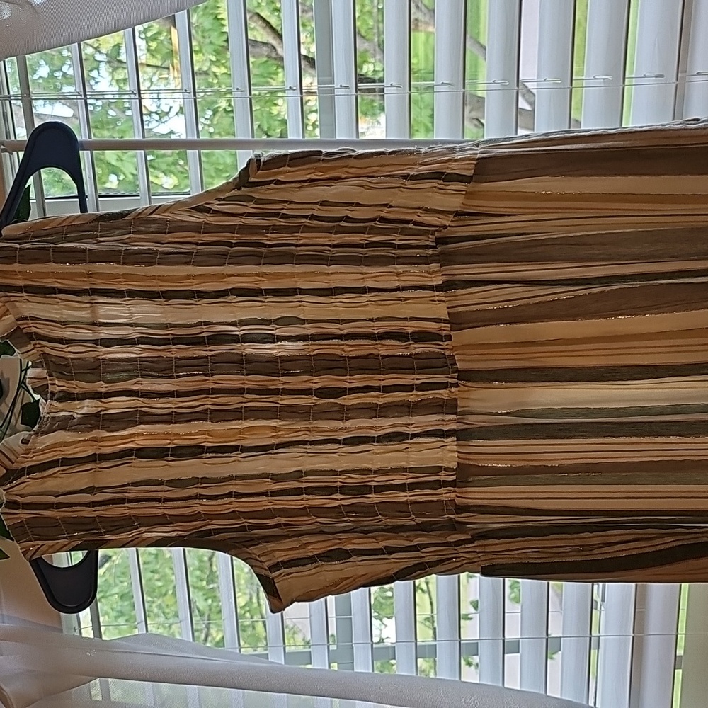 Green, Silver, White, and Peach Striped Button Down Rufflr Sleeveless Maxi Dress - Picture 7 of 8